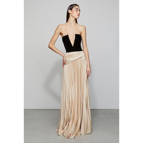 ET OCHS Black Half n Half Velvet Deep V-Neck Charmeuse Pleated Skirt Gown - Picture 16 of 16